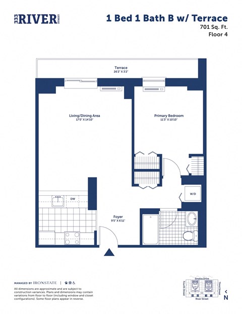 Floor plan for 1 bed, 1 bath, 701 sqft